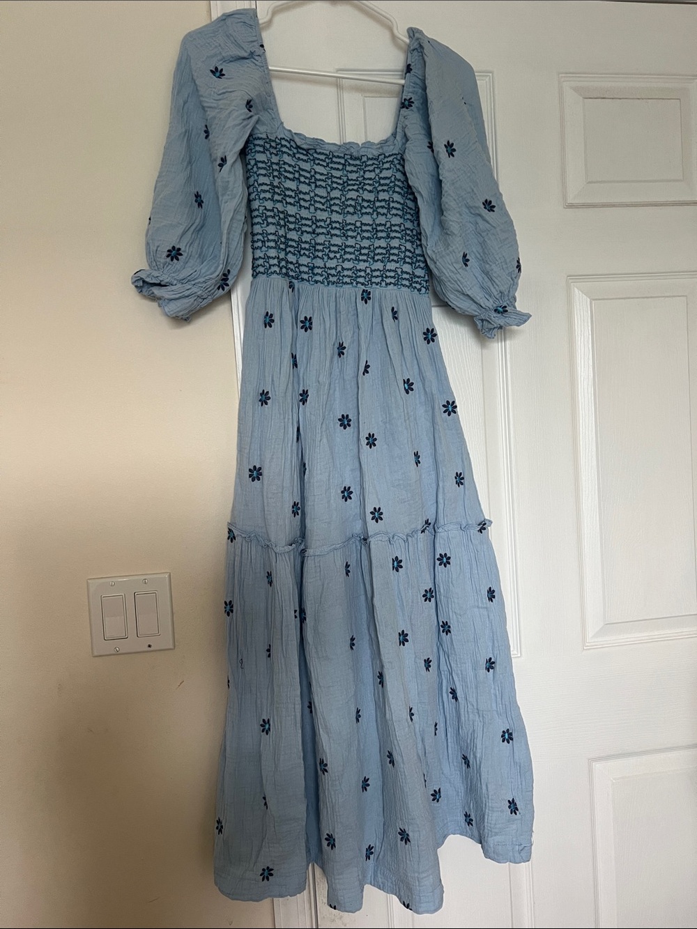 Light Blue Embroidered Smocked Midi Dress